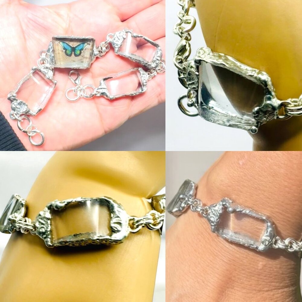 Vintage Anchor Hocking Lead Crystal Glass Bracelet w Artisan Silver Blend Bezels - Picture 7 of 16